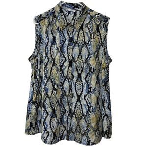 Liz Claiborne Blue, Yellow, & Black Snakeskin Print Sleeveless Blouse, Size XL